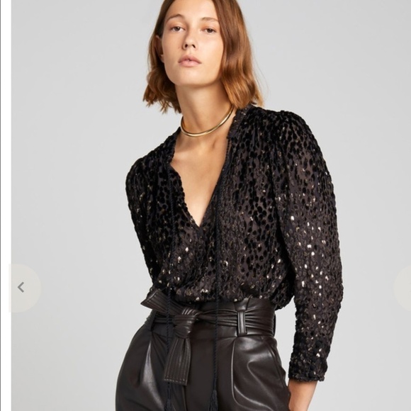 A.L.C. Ophelia Black Velvet Print Sheer Blouse  Top in Carob Metallic,Size 6 NWT - Picture 6 of 16